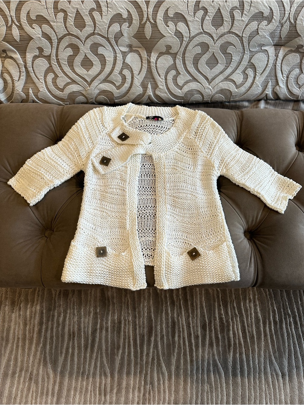 Cream Knit Open Cardigan with Decorative Buttons